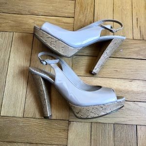 G by Guess patent leather tan/cream platform heels